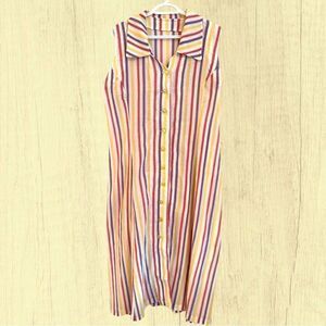 Vintage vertical striped button down midi dress sleeveless collar